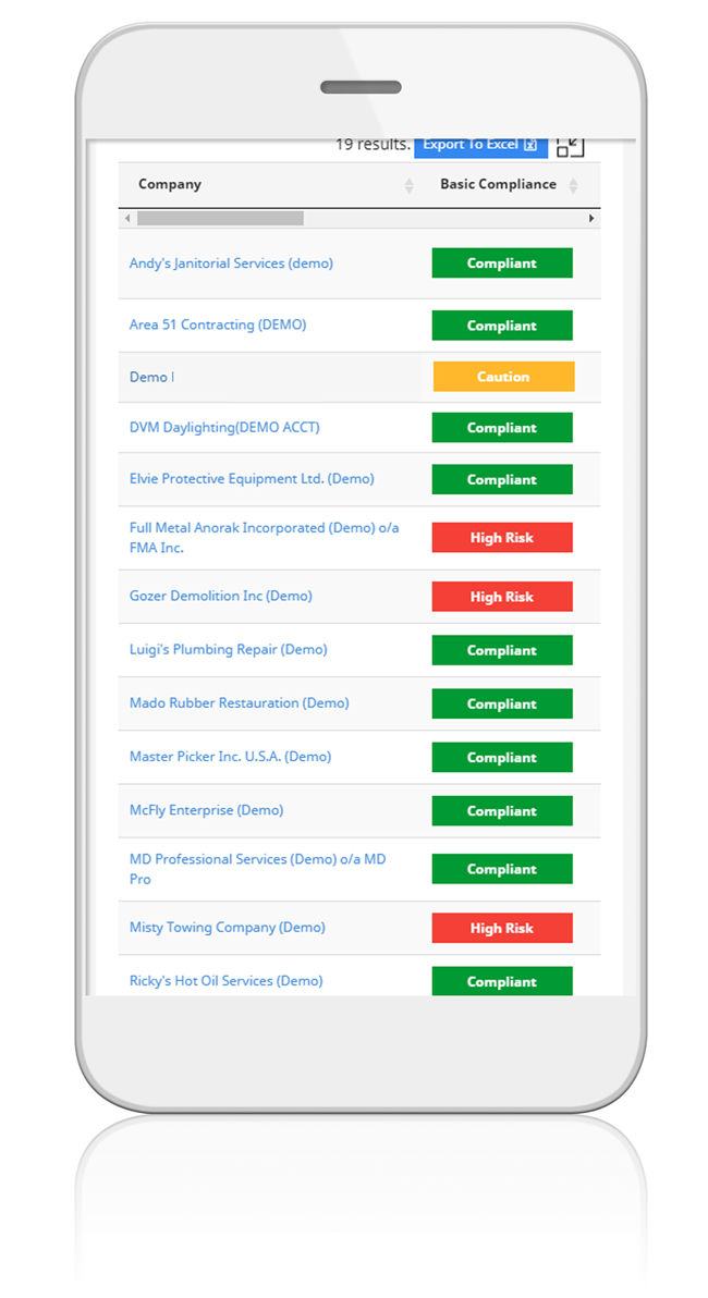 Smartphone with a screenshot of ComplyWorks' contractor compliance management solution