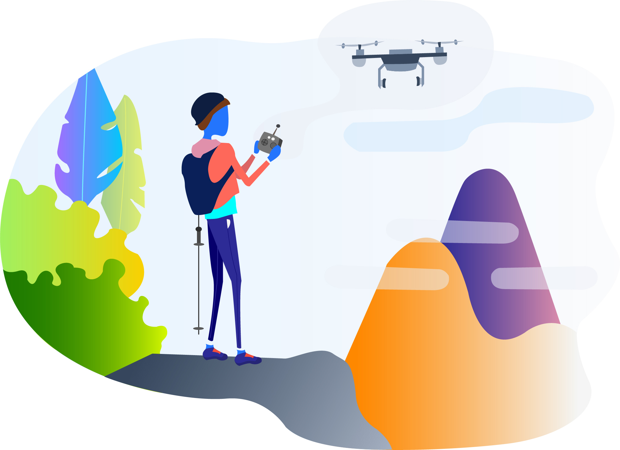 Cartoon of someone flying a drone in the mountains