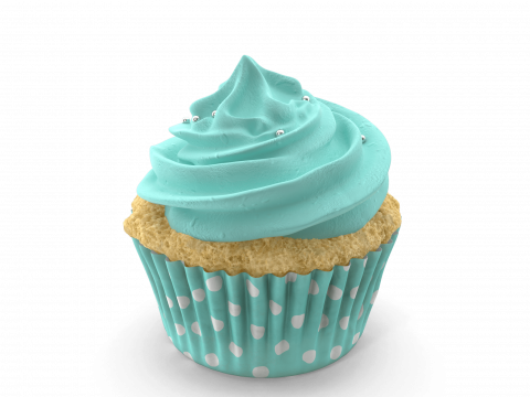 White cupcake with blue icing and wrapper