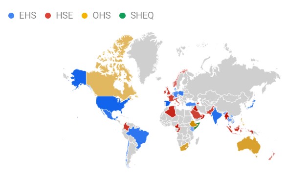 Google Trends Geographic View EHS, HSE, OHS, SHEQ
